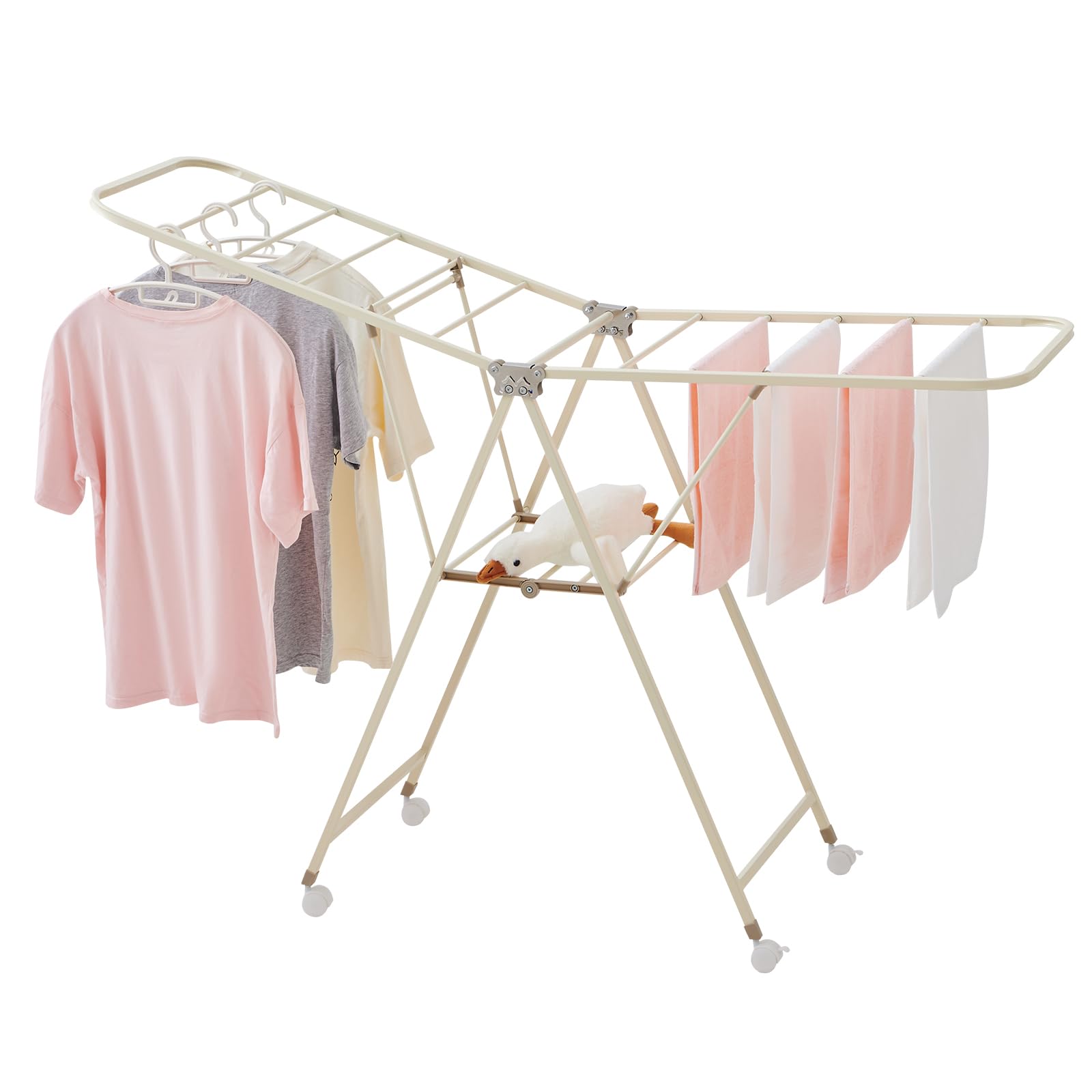 Kaixin Rabbit Foldable Clothes Drying Rack has 18 Rods，Waterproof and Rust-Proof Coating，Lockable Wheels，Steel Laundry Drying Rack，Collapsible for Easy Storage，Works Both Indoors and Out (Cream)