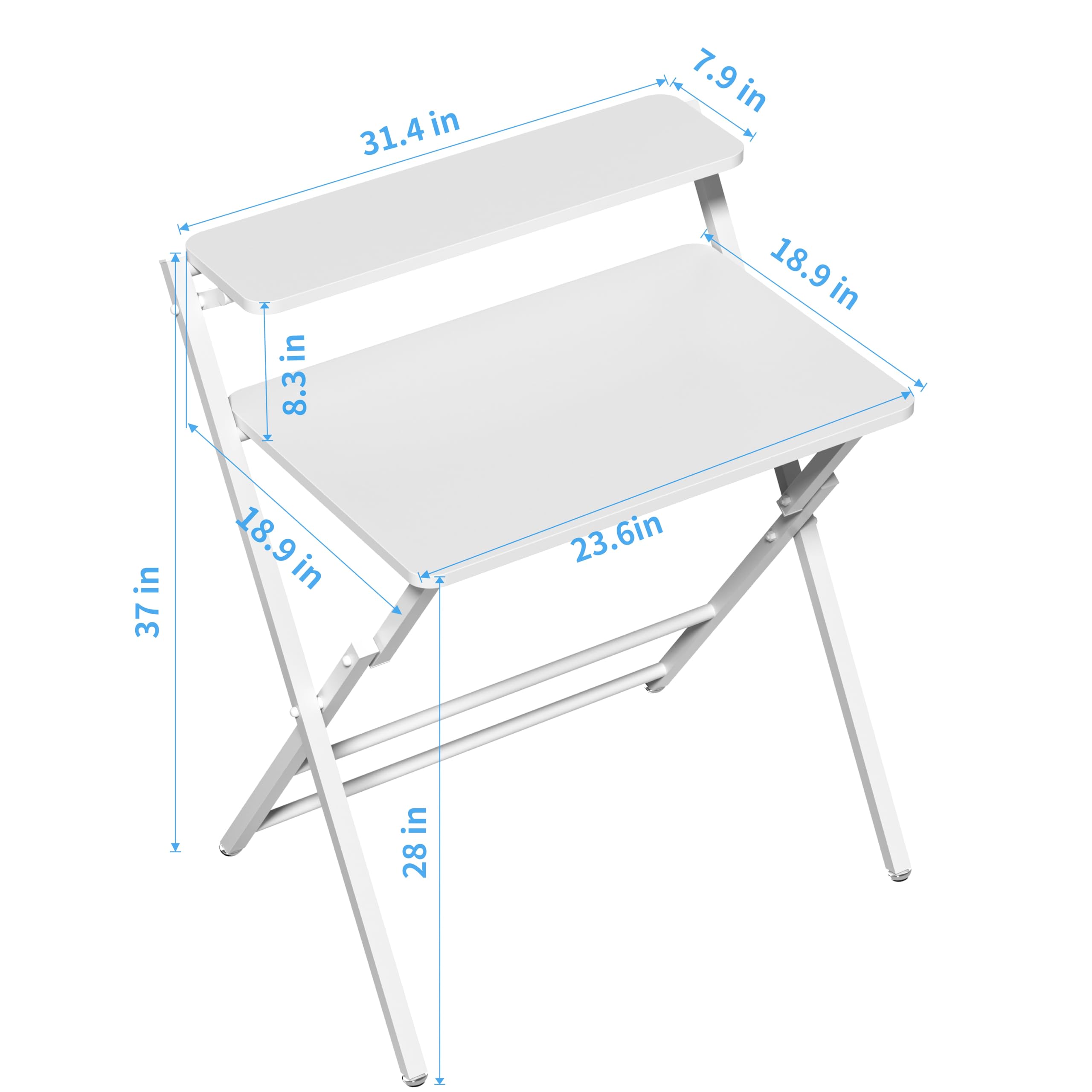 Vipass 2-Tier Folding Home Office Desk,Not Require Assembly,Space Saving Portable Laptop Study Foldable Table for Small Spaces,White