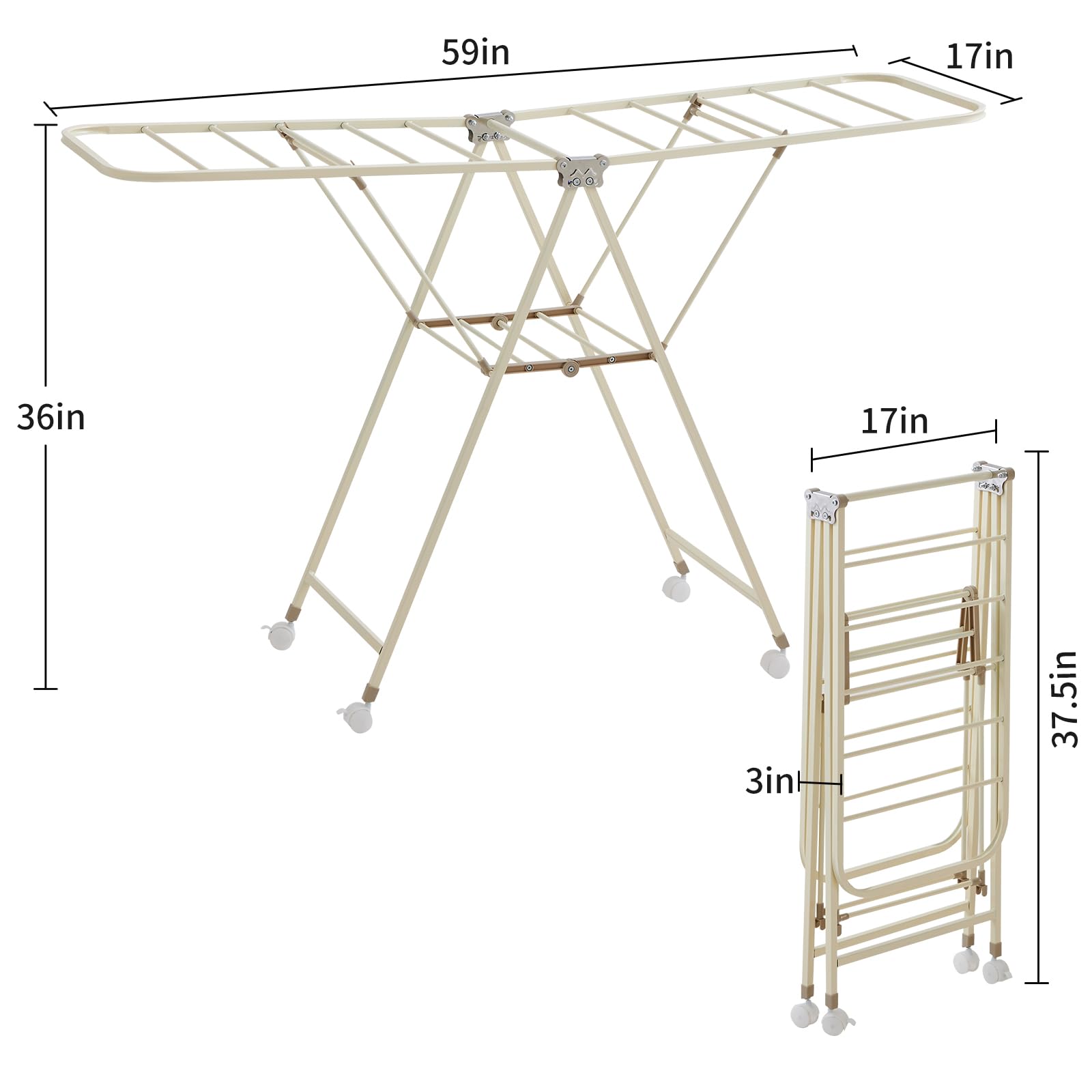 Kaixin Rabbit Foldable Clothes Drying Rack has 18 Rods，Waterproof and Rust-Proof Coating，Lockable Wheels，Steel Laundry Drying Rack，Collapsible for Easy Storage，Works Both Indoors and Out (Cream)