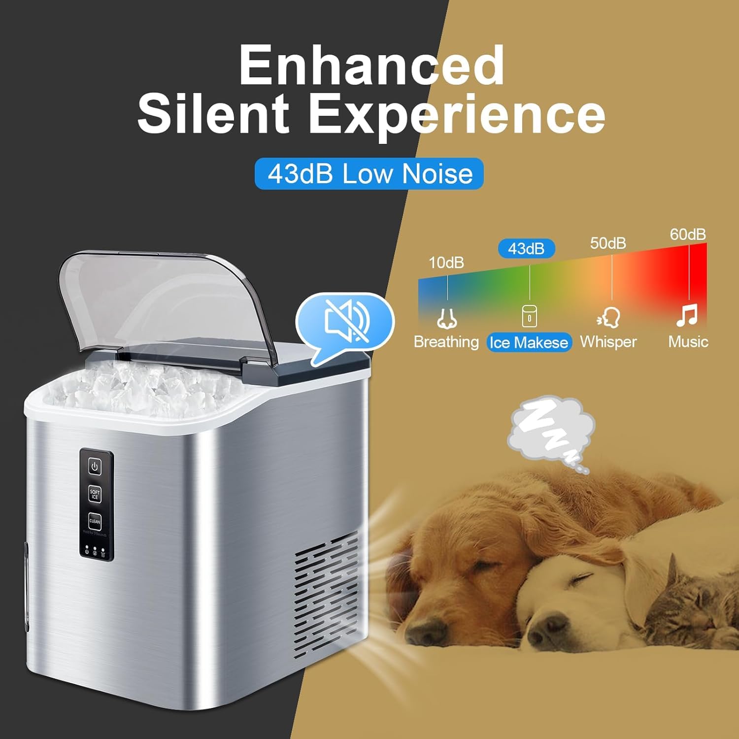 PERSONAL CHILLER Soft Nugget Countertop Ice Maker, 50lbs in 24H,Self-Cleaning Chewable Pellet Ice Machine for Kitchen,Party Bar Office,Camping, Stainless Steel Silver