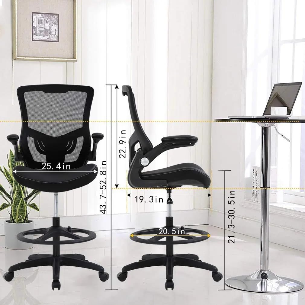 Drafting Chair Tall Mesh Drafting Stool for Standing Desk, Adjustable Bar Height Reception Office Chair with Flip-Up Arms & Foot-Ring, Ergonomic Mesh Computer Drafting Stool for Home Office Working