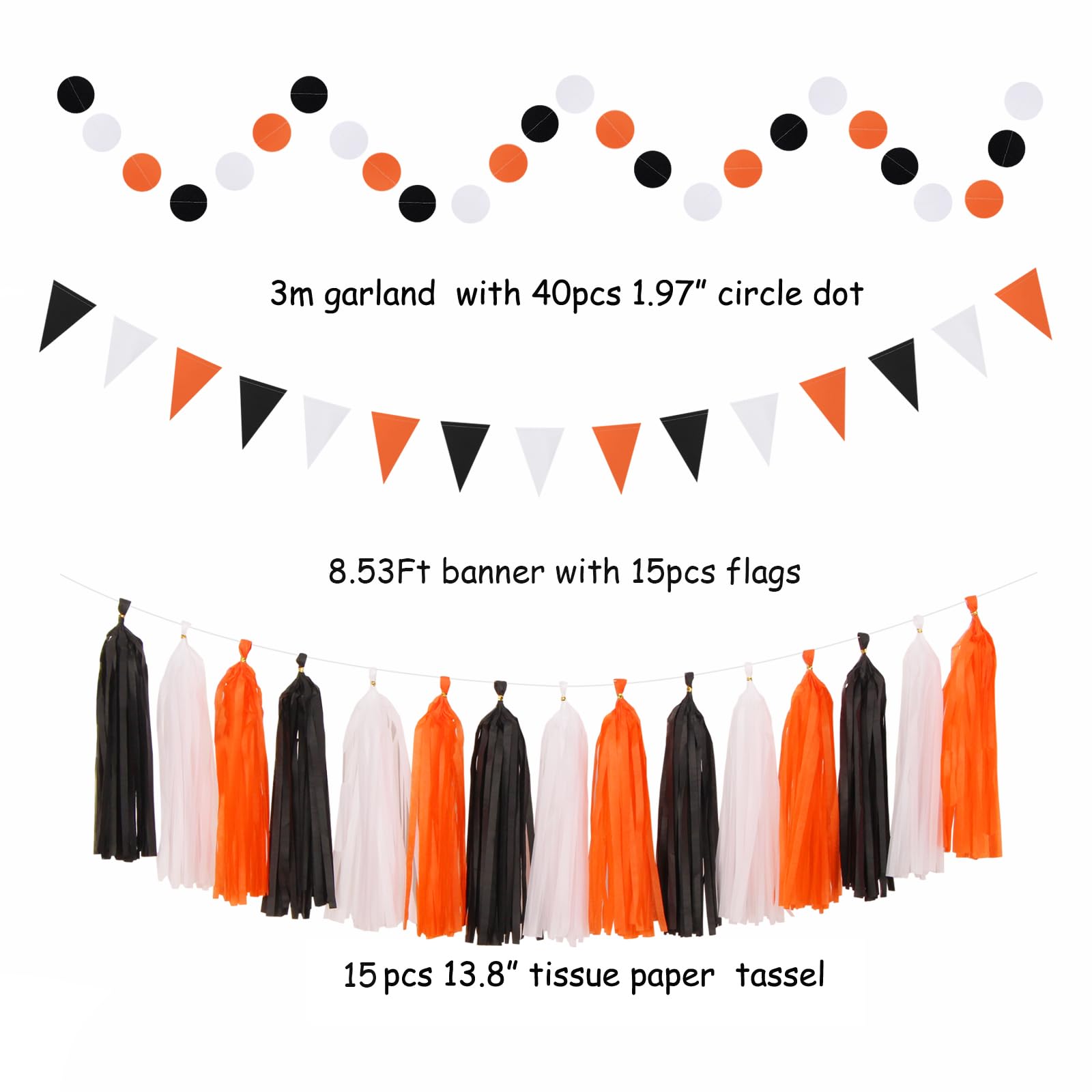 Black White Orange Halloween Party-Decorations - 33pcs Birthday Banner,Streamers Tassel Garland,Paper Lantern Fans,Tissue Pom Poms,Bachelorette Baby Bridal Shower Graduations Backdrop Decor Hugtmr