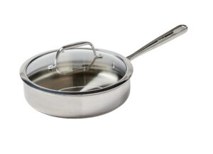 t-fal pro tri-ply stainless steel saute pan with lid 3 quart induction compatible oven safe 500f, lid 350f, deep frying pan, fast & even heat, professional quality, durability, dishwasher safe, silver