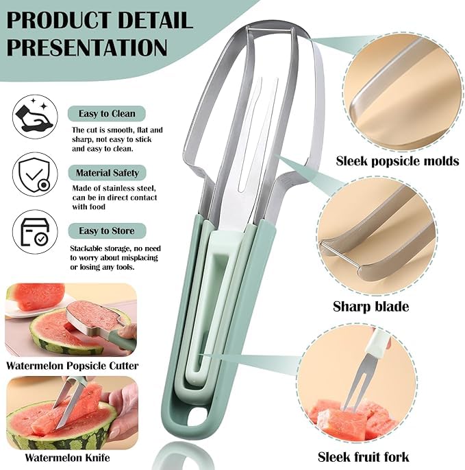 TROKKA 3-in-1 Watermelon Fork Slicer Cutter，Stainless Steel Watermelon Popsicle Cutter Watermelon Cutter Slicer Tool Melon Cutter Knife Portability Fruit Fork for Camping Kitchen Gadgets (Beige)