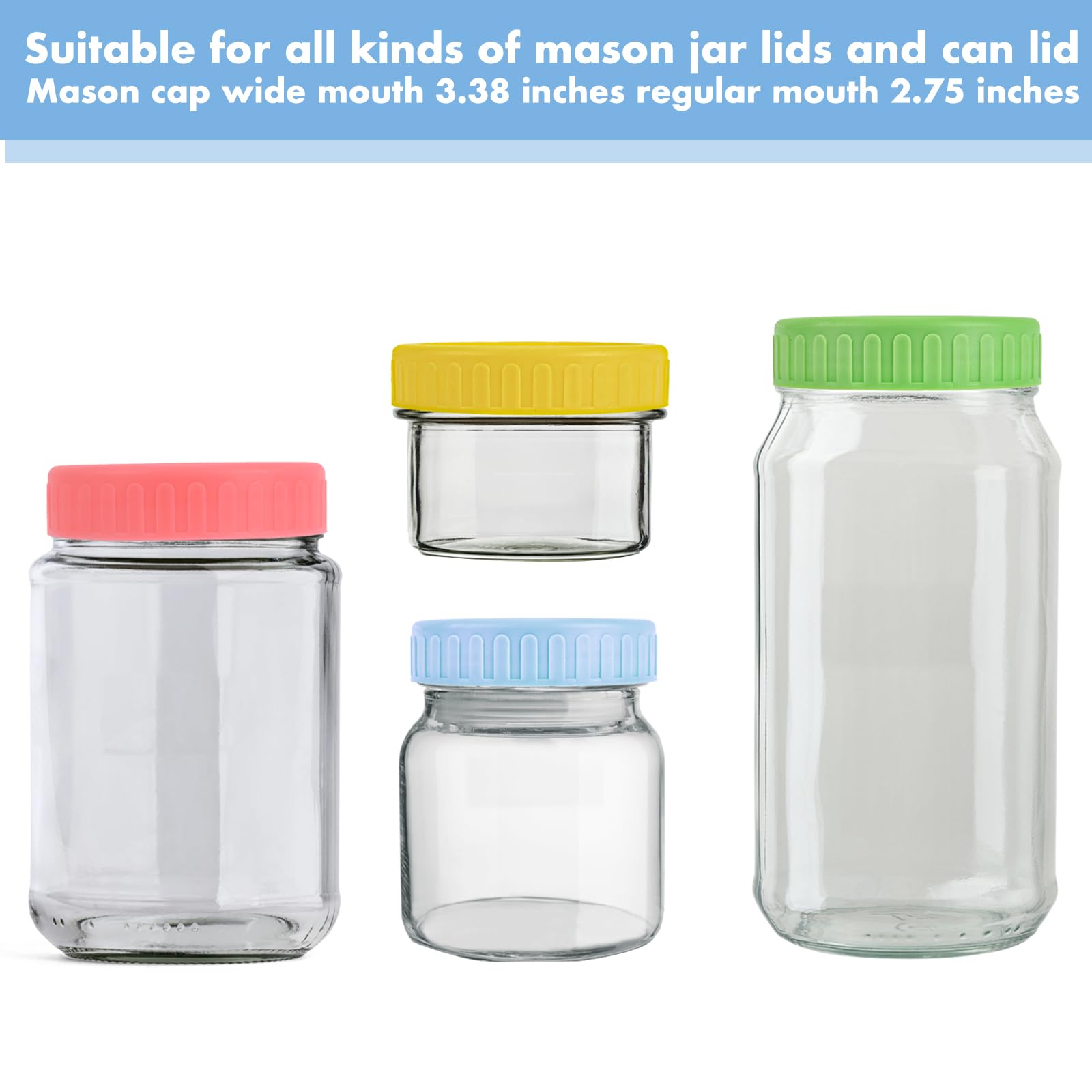 14 Pack 7 Wide Mouth & 7 Regular Mouth Mason Jar Lids, Suitable for Ball, Kerr and More, with Silicone Rings, Leak proof Plastic Storage Cap, 86mm &70mm, Reusable Jar Lid Tops, Colored Caps for Mason