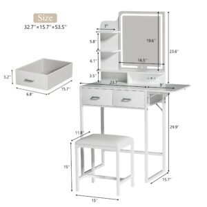 ALEXNUTRE Makeup Vanity Desk with Mirror and Lights, Small Vanity with Fabric Storage Drawer & Chair & Shelves, White Vanity with Fold-up Panel and Power Outlet for Bedroom