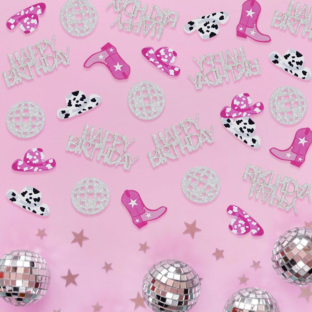 Cowgirl Disco Birthday Confetti, Disco Cowgirl Birthday Party Decorations, Glitter Disco Ball and Pink Cowgirl Boot Hat Confetti for Birthday Table Decor（100pcs）