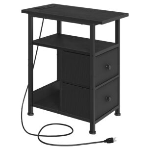 hoobro narrow end table with charging station, side table with outlet, nightstand with 2 fabric drawers, couch table, for living room, small spaces, bedroom, black bb488ubz01