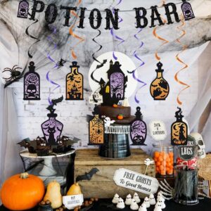 Pre-Strung Potion Bar Banner for Halloween Party Decorations with Potion Bar Hanging Swirls, Halloween Party Banner, Halloween Bar Sign Decorations for Mantel, Halloween Haunted Mansion Decorations