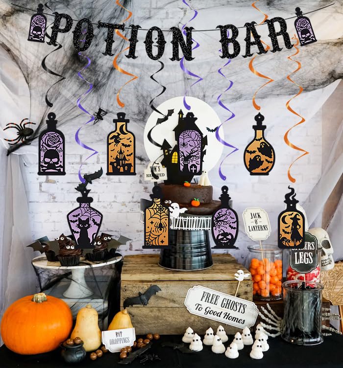 Pre-Strung Potion Bar Banner for Halloween Party Decorations with Potion Bar Hanging Swirls, Halloween Party Banner, Halloween Bar Sign Decorations for Mantel, Halloween Haunted Mansion Decorations