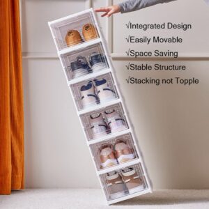 BLSFAOEM Foldable Shoe Rack Organizer Size up to 14,No Assembly Stackable Shoe Storage Box with Doors,Free Standing Plastic Space Saving Shoe Cabinet Bins Dustproof 6 Tiers