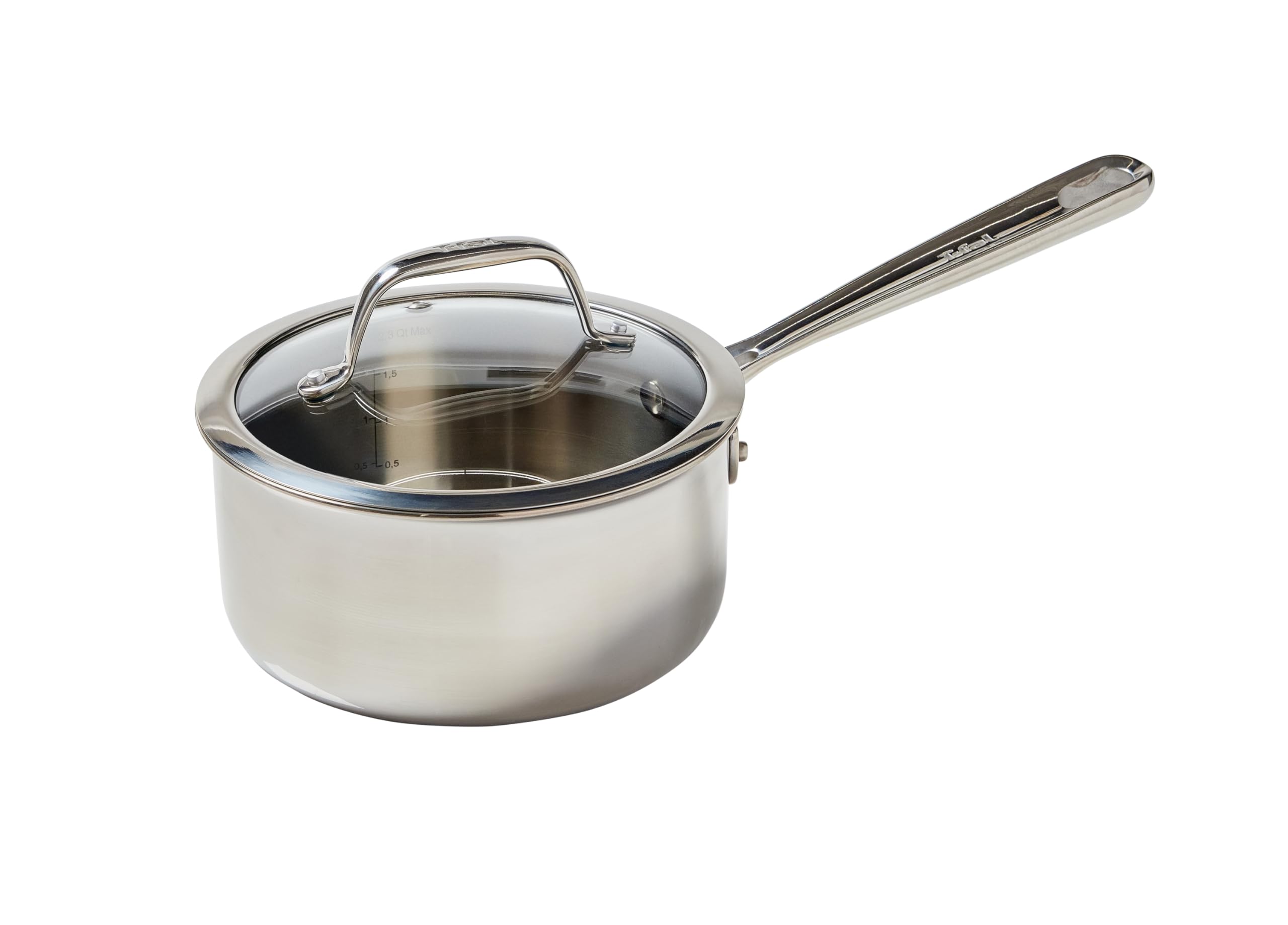 T-fal Pro Tri-Ply Stainless Steel Sauce Pan with Lid 2 Quart, Induction Compatible, Oven Safe 500F, Lid 350F, Multipurpose, Fast & Even Heat, Professional Quality & Durability, Dishwasher Safe, Silver