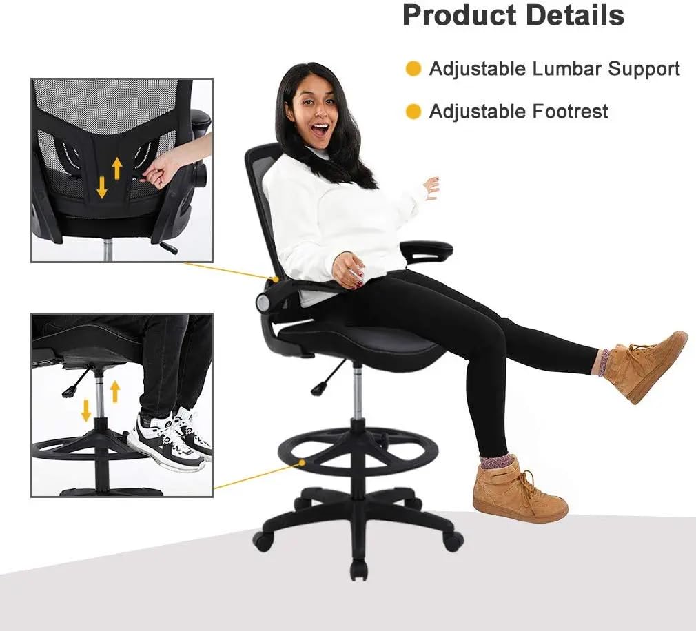 Drafting Chair Tall Mesh Drafting Stool for Standing Desk, Adjustable Bar Height Reception Office Chair with Flip-Up Arms & Foot-Ring, Ergonomic Mesh Computer Drafting Stool for Home Office Working