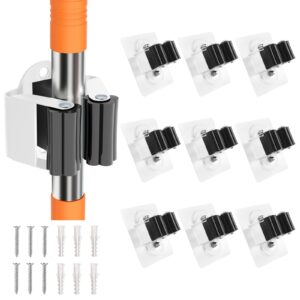 adhesive broom holder wall mount - 9 pack white mop hanger cleaning tools handle grippers organizers - heavy duty metal broom clip hooks for laundry room utility closet garage garden bathroom