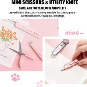 Cute Mini Craft Scissors, Pink Stainless Steel Scissors & Utility Knives, Folding Stationery Scissors with Safety Cover, Portable Safety Scissors and Utility Knives for Paper Cutting, Scrapbooking