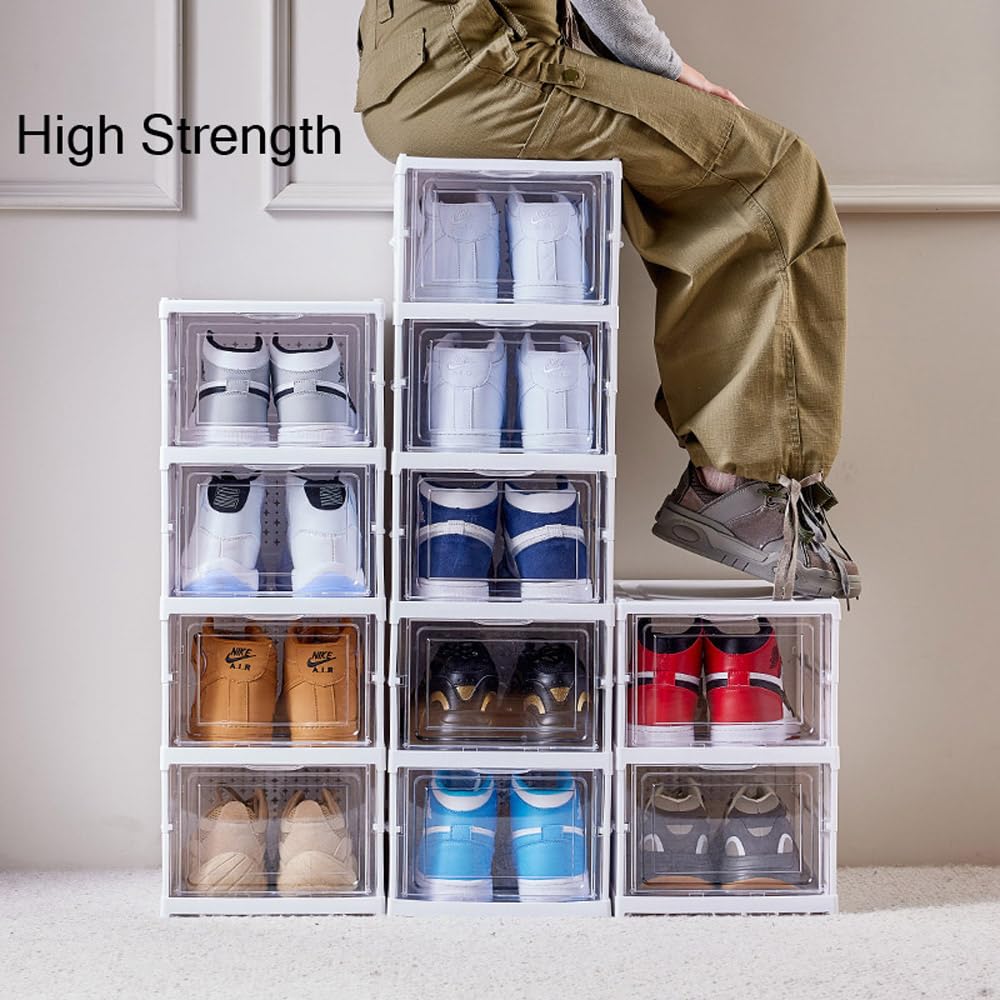 BLSFAOEM Foldable Shoe Rack Organizer Size up to 14,No Assembly Stackable Shoe Storage Box with Doors,Free Standing Plastic Space Saving Shoe Cabinet Bins Dustproof 6 Tiers