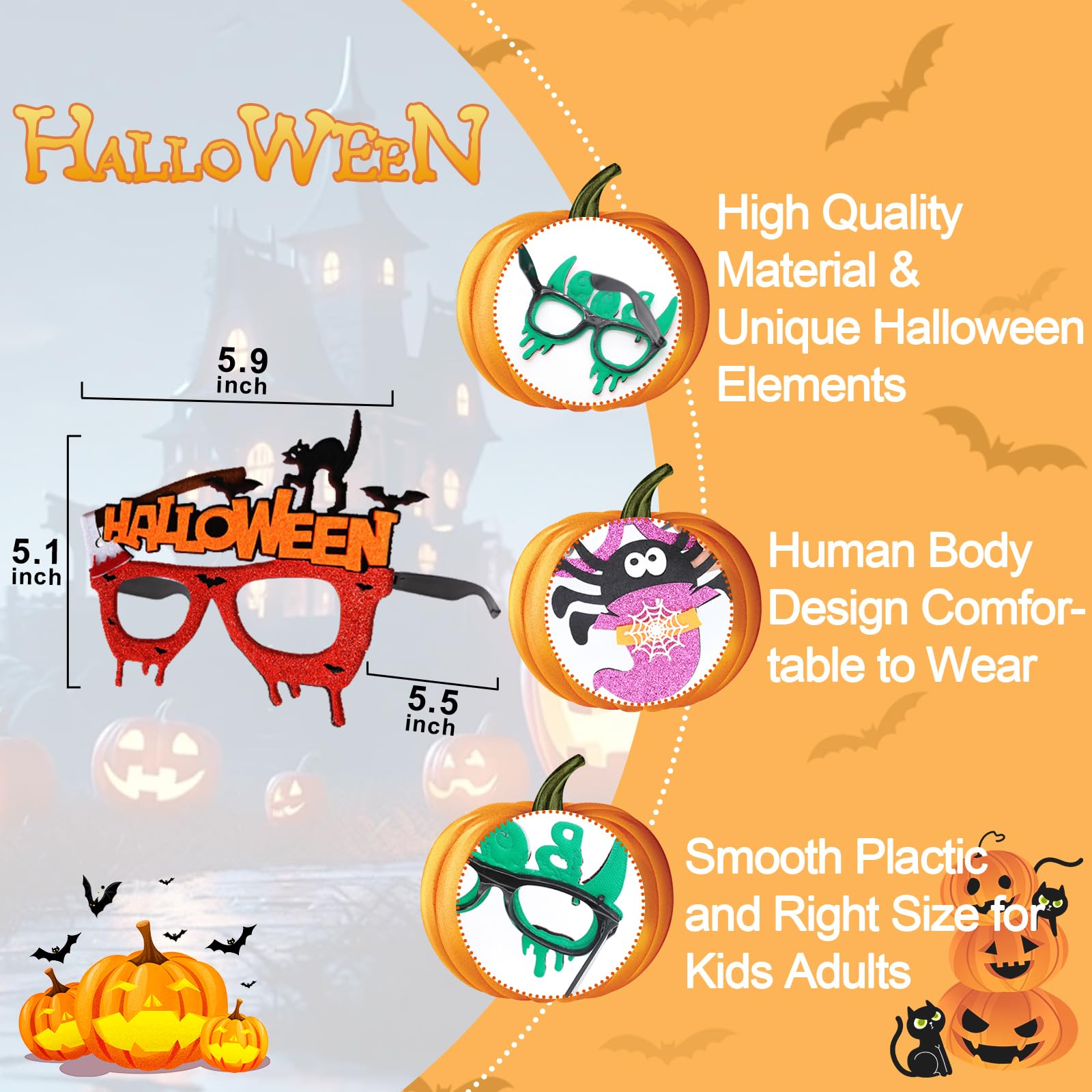 Bluegogo Halloween Glasses 12PCS Glitter Halloween Eyeglasses for Kids Adults Funny Halloween Party Favors Photo Booth Props Pumpkin Spider Web Funny Party Decorations