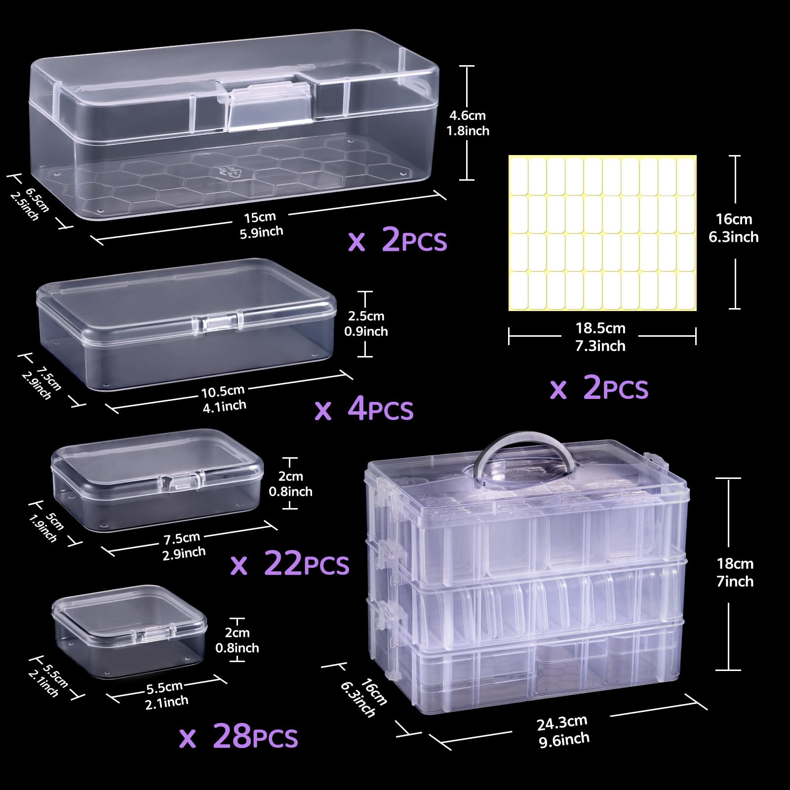 Funtopia Bead Organizers and Storage, 56 Pcs Small Plastic Containers with Lids and 3-Tier Stackable Storage Box, Mini Clear Organizers for Jewelry Toys Craft Storage (4 Sizes)