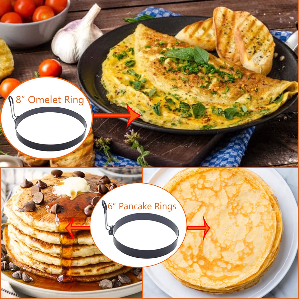 8" Large Omelette Ring,6" Pancake Ring,4" Round Egg Ring,6 Packs Egg Cooking Rings Set for Griddle Frying Eggs,Non-stick Stainless Steel Omelet Ring Egg Cooker Ring for Griddle with Accessorries