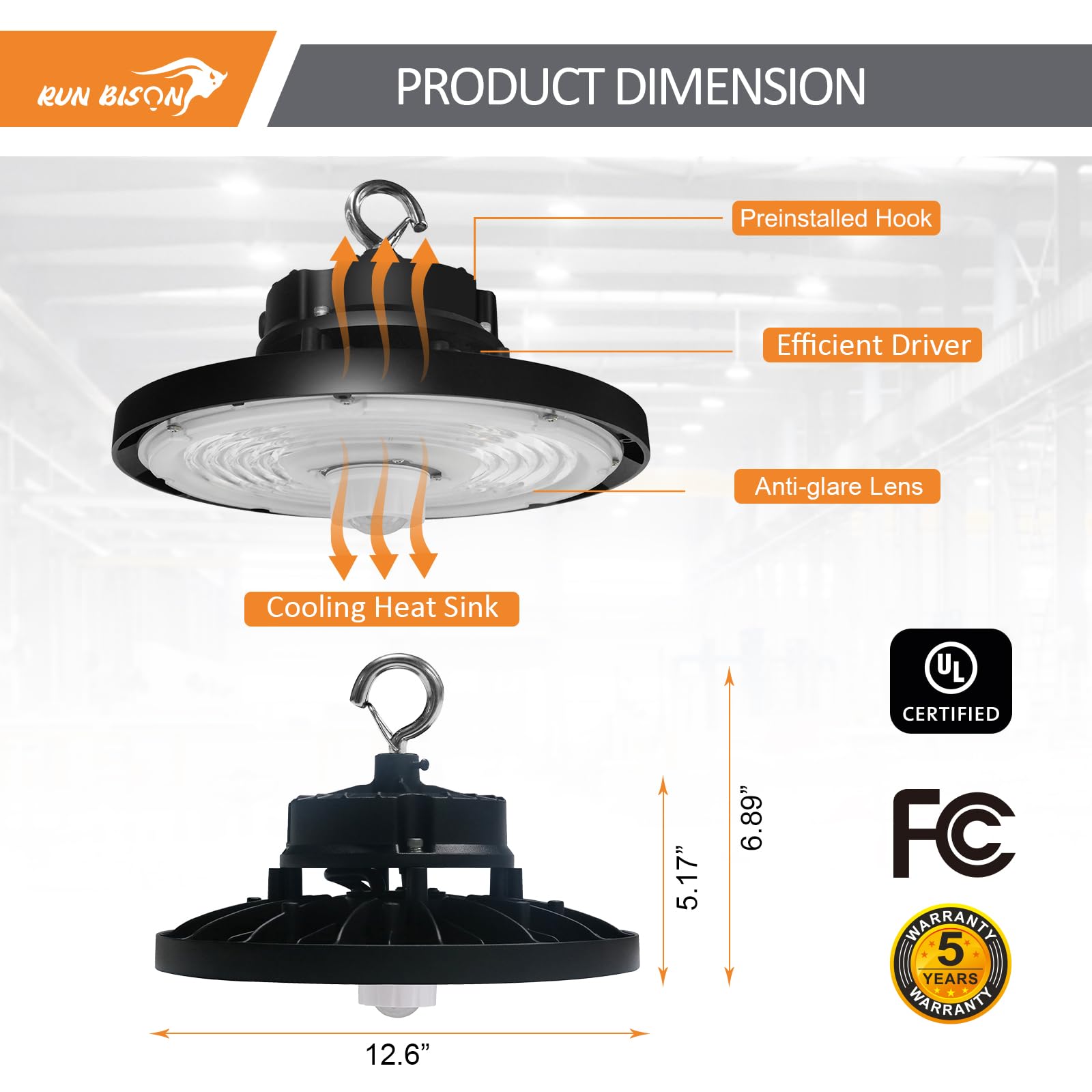 Run Bison LED High Bay Light with Motion Sensor, Adjustable Power 150w/200w/240w, 22500lm/30000lm/36000lm. 3CCT 3000K/4000K/5000K,0-10V Dimmable UFO High Bay Light with Preinstalled Hook - 8PK