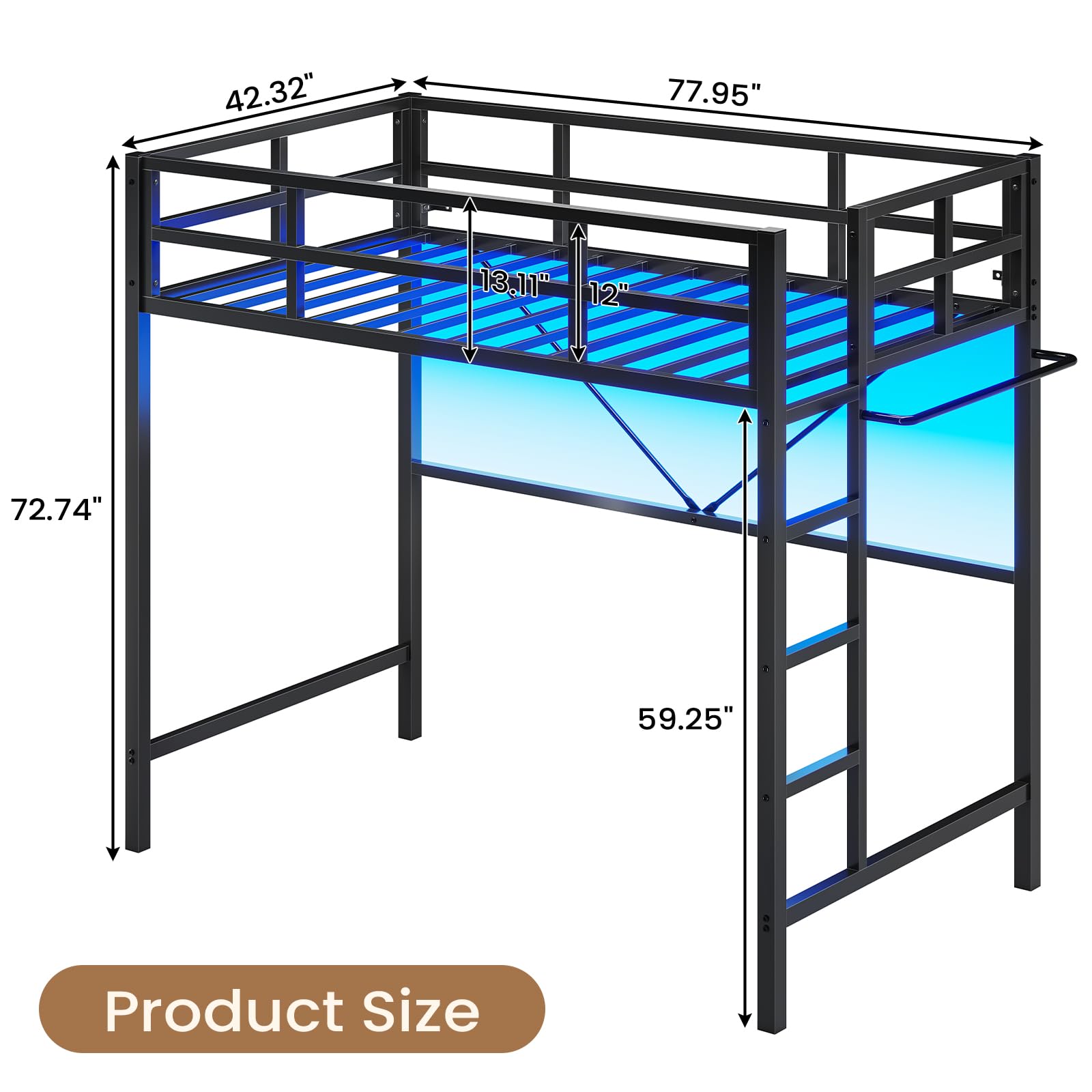 Hasuit Twin Loft Bed with LED Lights, Metal Loft Bed Twin Size with Full-Length Guardrail &Clothes Rack, Heavy Duty Metal Loft Bed Frame, Space-Saving, Noise Free, No Box Spring Needed, Black