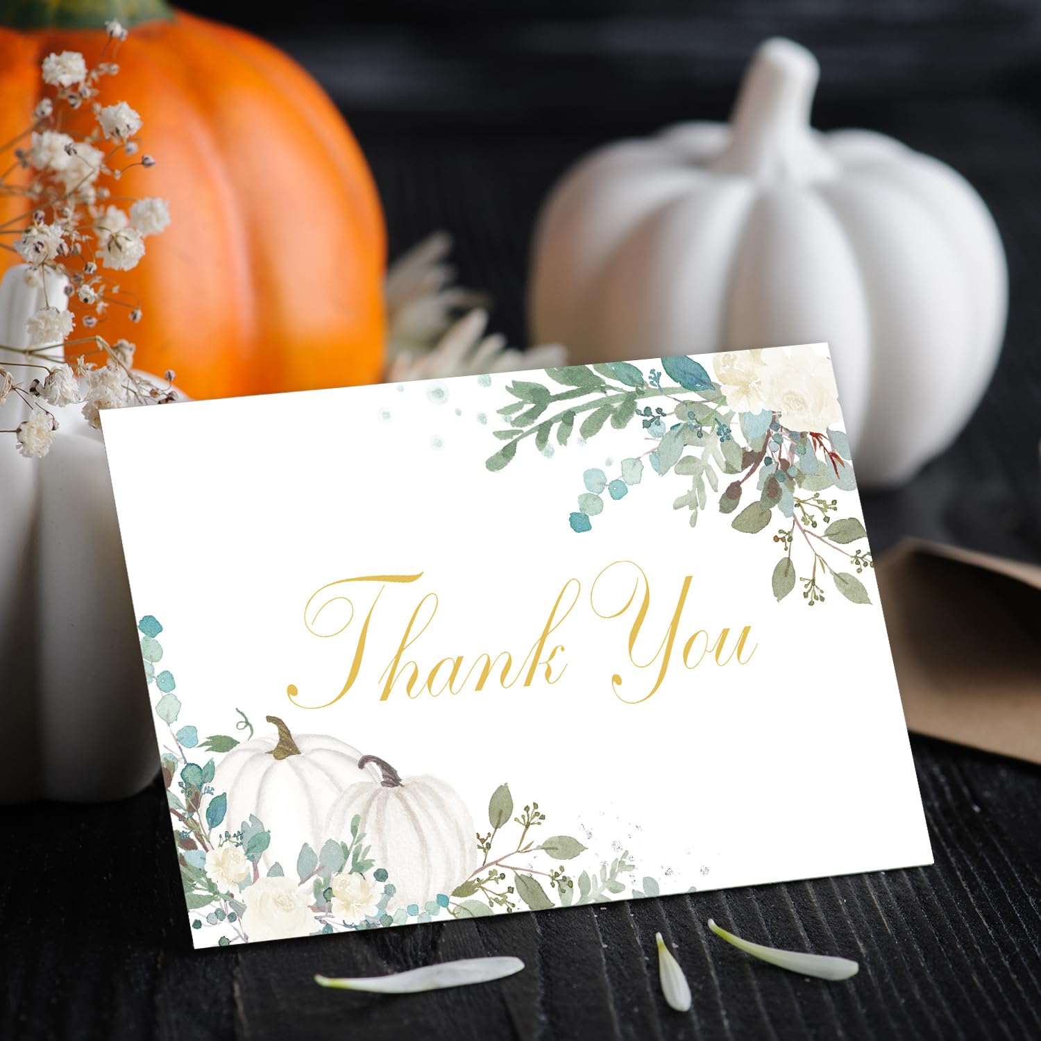 Quera 24 Pack Pumpkin Thank You Cards Fall Greeting Cards Autumn Floral Blank Note Cards With Envelopes Stickers For Baby Shower Wedding Birthday Party- 4x6 Inch