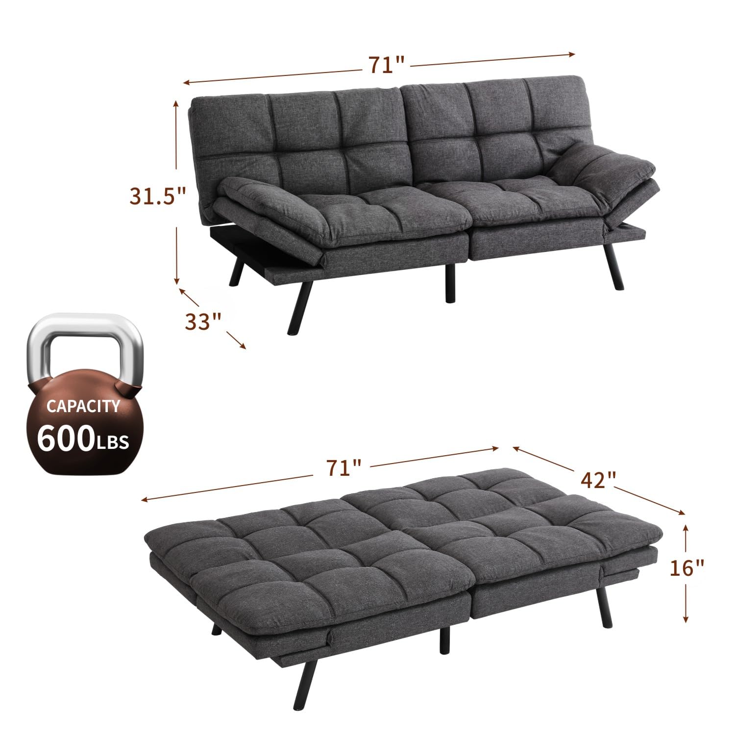 MUUEGM Modern Futon Sofa Bed with Loveseat, Sleeper Sofa for Living Room,Adjustable Backrests and Armrests, Memory Foam Lounge Sofa Couch in Dark Gray Linen Fabric.(Dark Gray, Fabric)