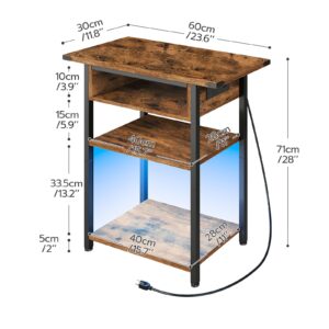 HOOBRO Narrow LED End Table with Charging Station, Small Side Table Outlets, Nightstand with USB C Port, Skinny Couch Table, for Living Room, Bedroom, Bedside, Rustic Brown and Black BF130UDBZ01