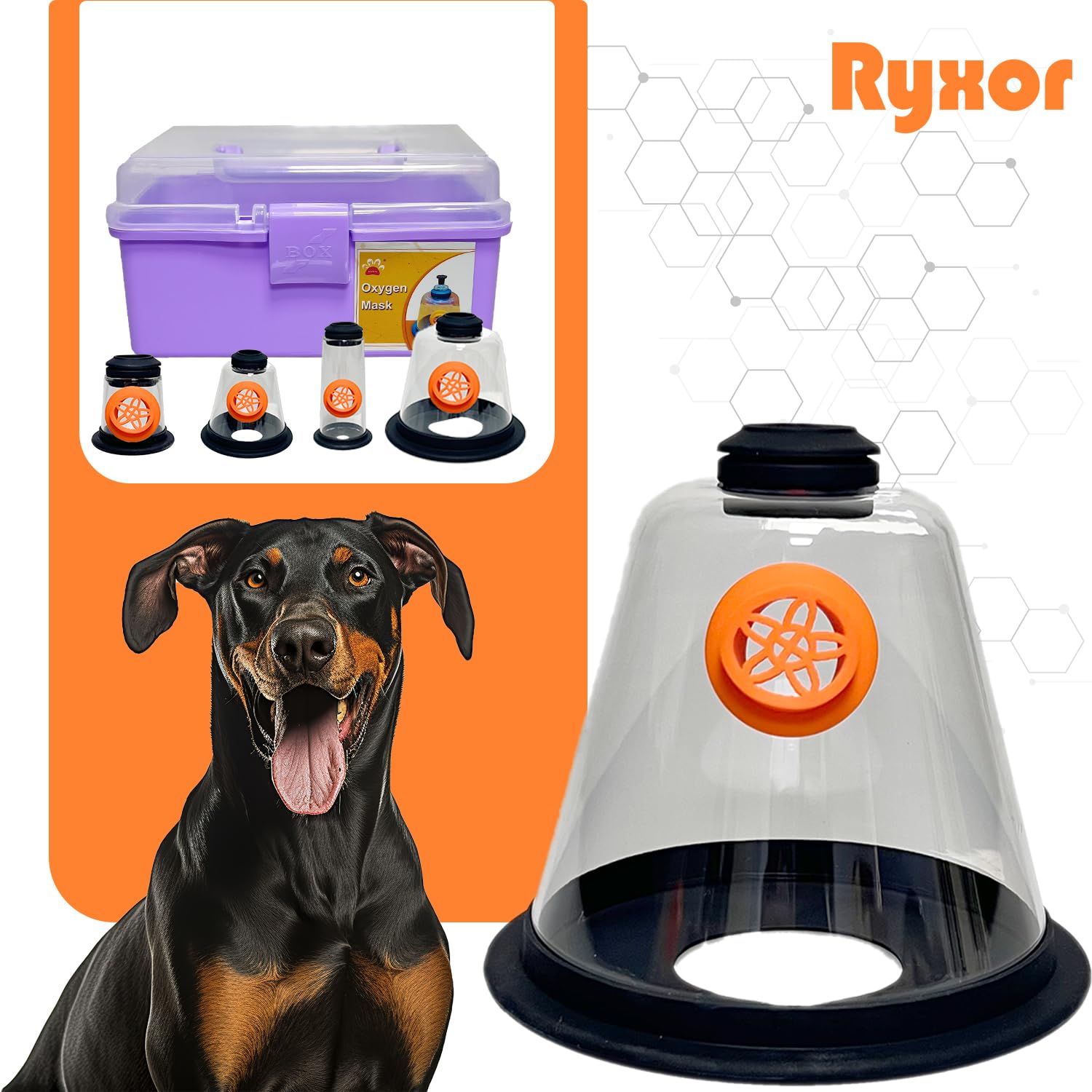 Ryxor Pet Oxygen Mask - 5 Sizes, 7 Feet Tubing - Veterinary Designed Breathing Aid for Dogs & Cats - Helps Relieve Breathing Distress from CHF, Tracheal Collapse, Asthma - Vet, EMS, Use（Purple）