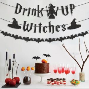 Stcomart Pre-Strung Glitter Drink Up Witches Banner for Halloween Witch Decorations, Witch Halloween Decor, Halloween Party Decorations, Black