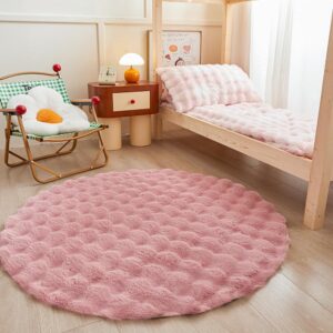 pink round rabbit plush rug for bedroom living room sofa,4'x4' faux fur fluffy shaggy circle rug for kids teen girls room,furry carpet circular rug for nursery baby room