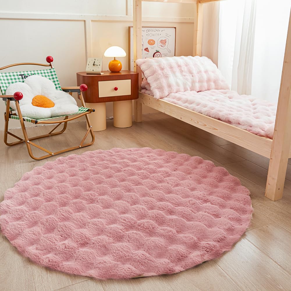 Pink Round Rabbit Plush Rug for Bedroom Living Room Sofa,4'X4' Faux Fur Fluffy Shaggy Circle Rug for Kids Teen Girls Room,Furry Carpet Circular Rug for Nursery Baby Room