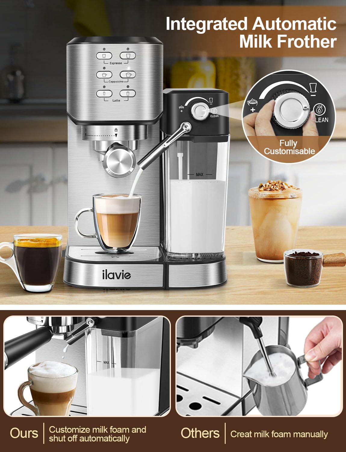 ILAVIE Espresso Machine with Integrated Automatic Milk Frother 6 in 1, 20 Bar Espresso Cappuccino Latte Maker with 24 oz Detachable Milk Reservoir, Ideal for Home Use