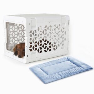 kindtail pawd collapsible dog crate + washable dog bed - stylish pet crate with comfortable pawd pad - safe indoor puppy or dog kennel set - lightweight, compact & portable for travel - small white