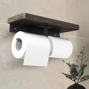 Walnut Toilet Paper Shelves for Bathroom, Jusmoo Double Toilet Paper Holder with Shelf, Bathroom Tissue Wood Holder with Shelf, Screw Wall Mount Bathroom Storage Dispenser