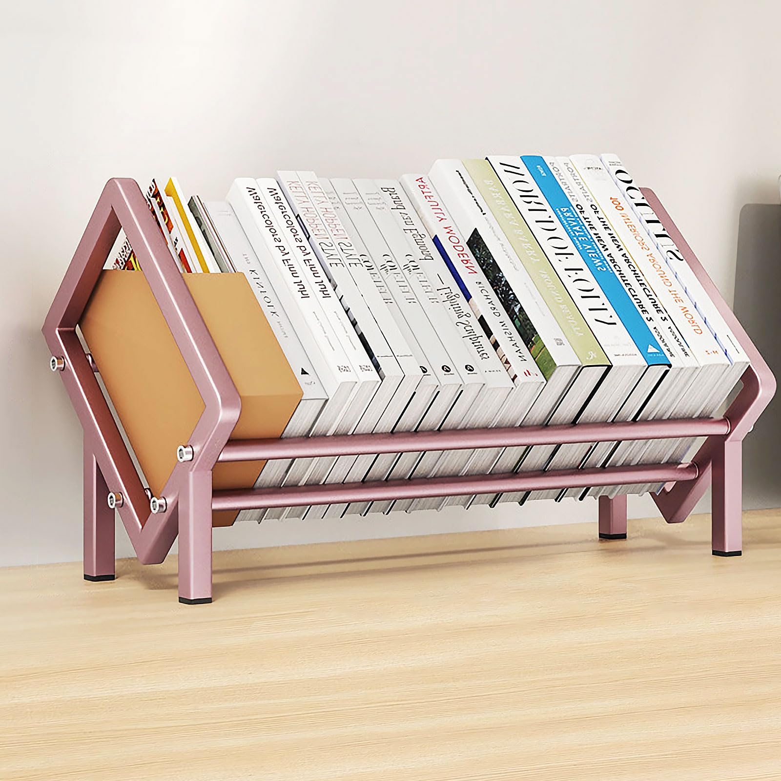 Stainless Steel Desk Bookshelf, Desktop Shelf for Book Lovers and Record Keepers ,Vinyl Record Holder for Magazine/CDs/Book Display,Tabletop Bookcase Book Organizer in Living Room/Office/Bedroom