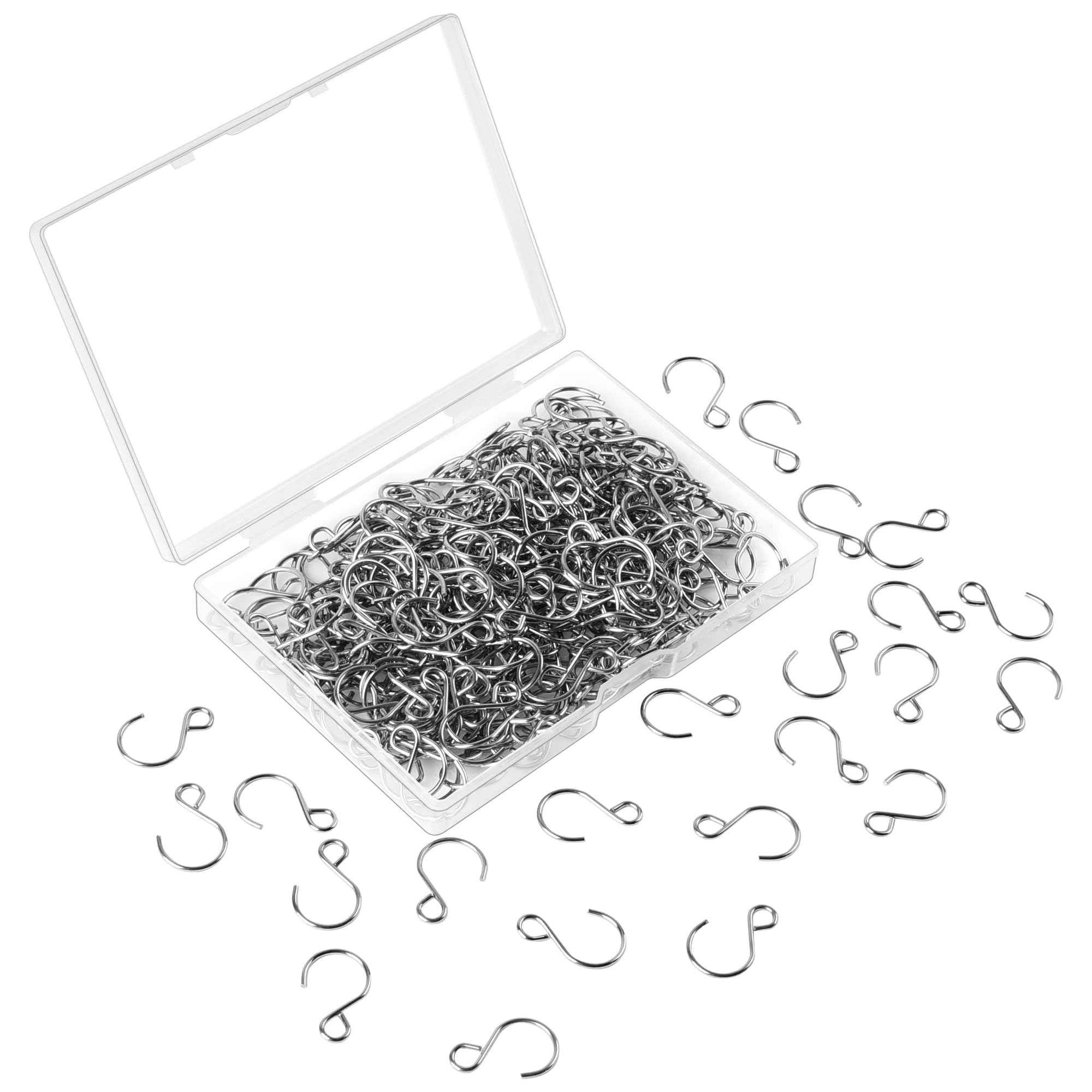 300PCS Mini Stainless Steel S Hooks with Secure Fixed Ring - 0.81 in Length Hanging Connectors with Storage Box for Crystal Ornaments, Suncatchers, Jewelry, and DIY Crafts