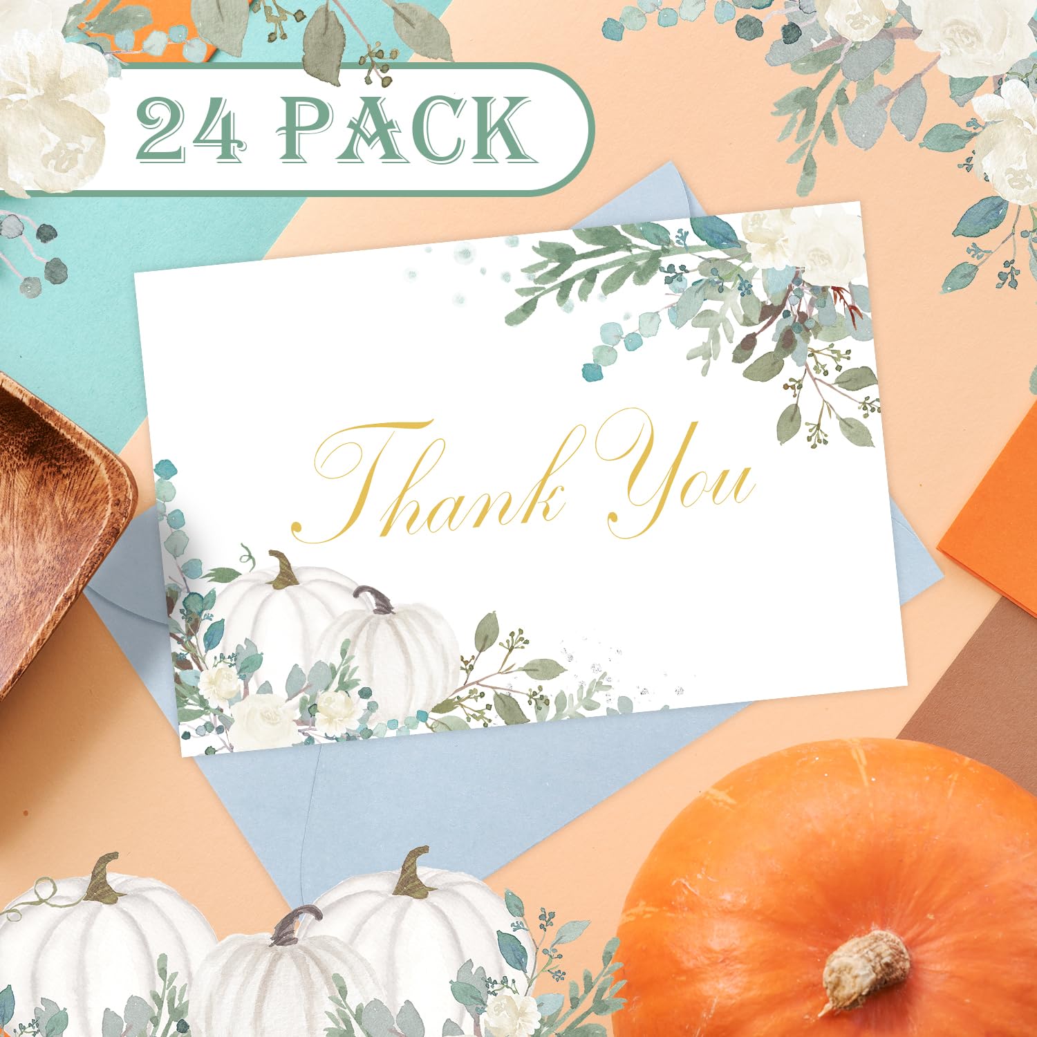 Quera 24 Pack Pumpkin Thank You Cards Fall Greeting Cards Autumn Floral Blank Note Cards With Envelopes Stickers For Baby Shower Wedding Birthday Party- 4x6 Inch