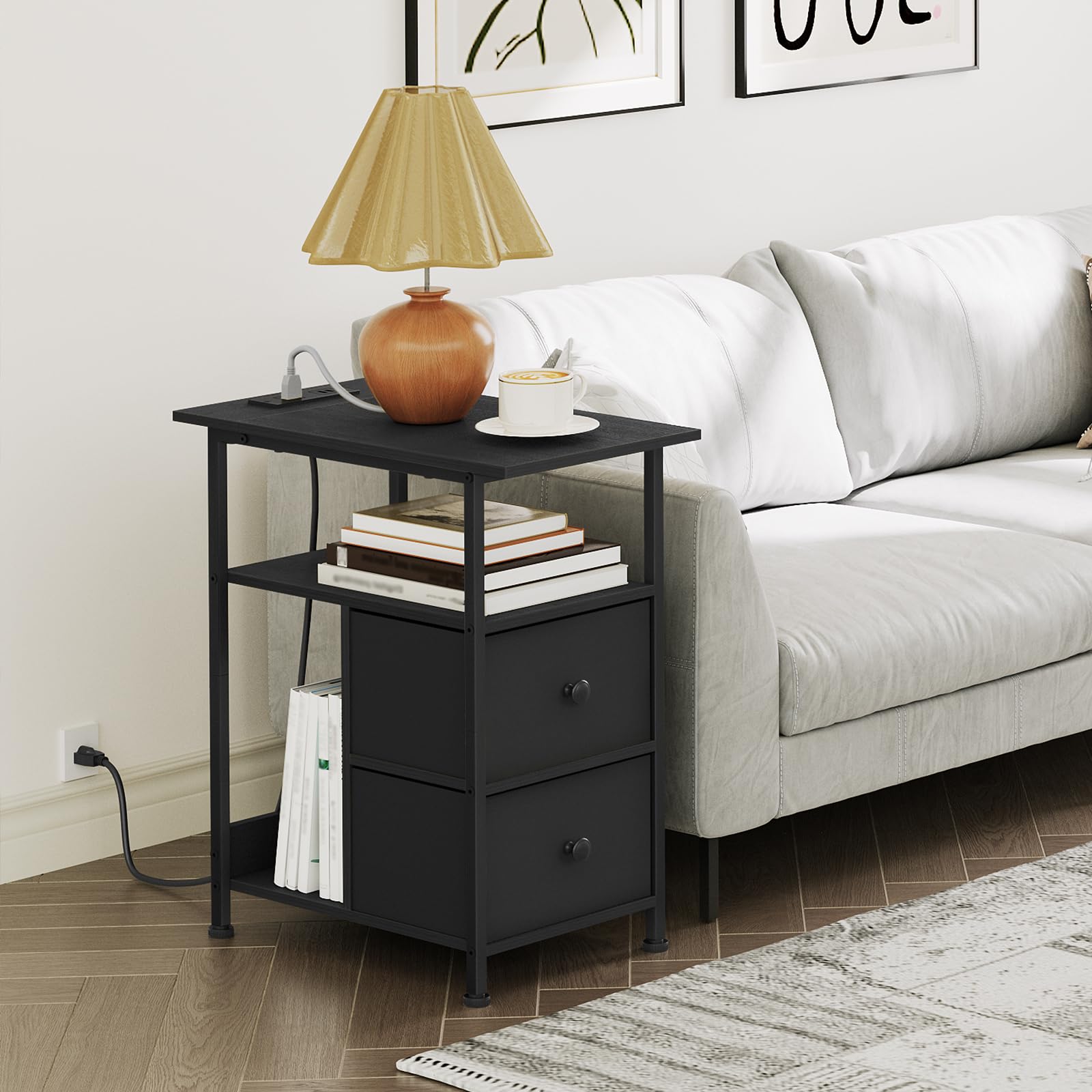 HOOBRO Narrow End Table with Charging Station, Side Table with Outlet, Nightstand with 2 Fabric Drawers, Couch Table, for Living Room, Small Spaces, Bedroom, Black BB488UBZ01