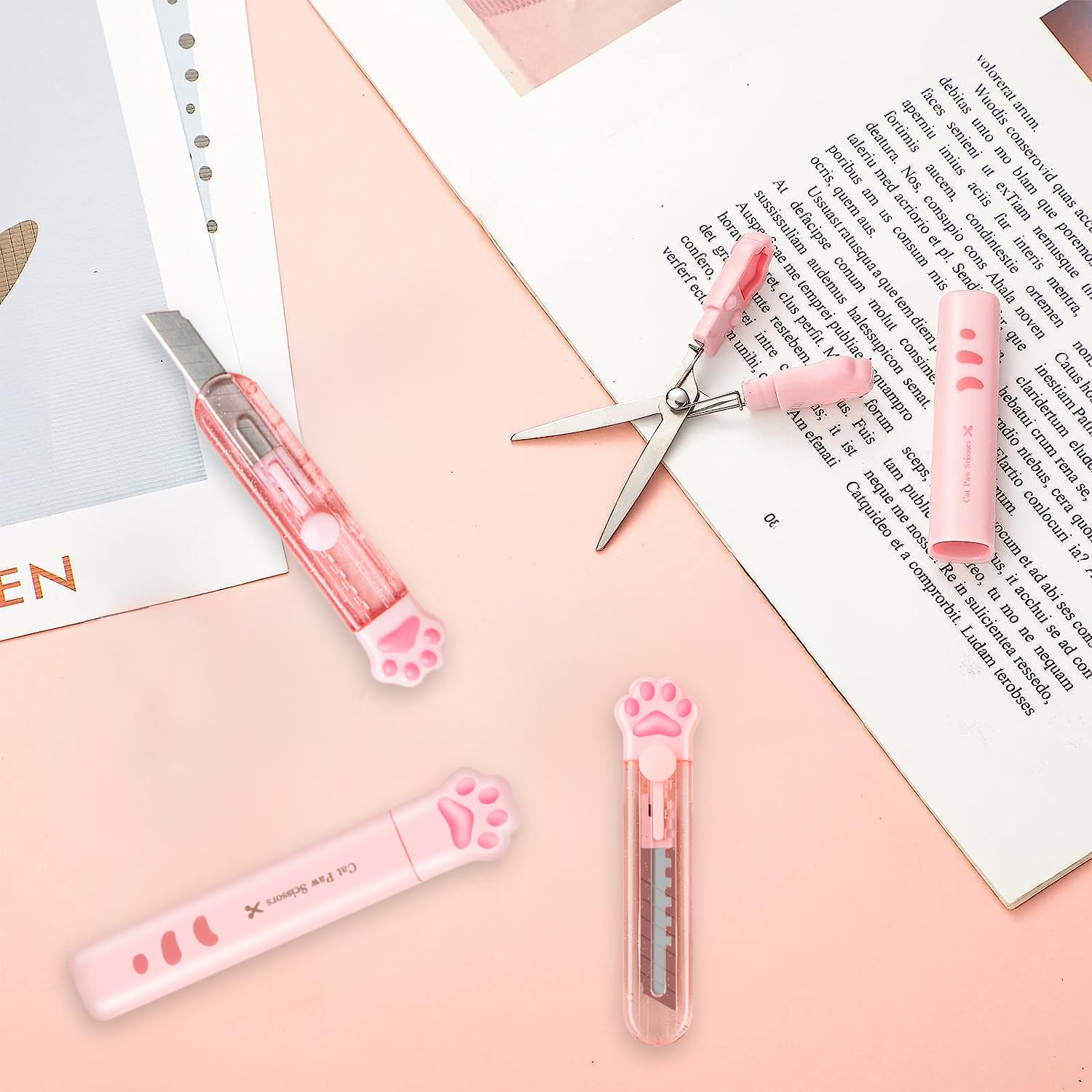 Cute Mini Craft Scissors, Pink Stainless Steel Scissors & Utility Knives, Folding Stationery Scissors with Safety Cover, Portable Safety Scissors and Utility Knives for Paper Cutting, Scrapbooking