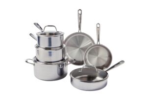 t-fal pro tri-ply stainless steel cookware set 10 piece, induction compatible oven safe 500f, lids 350f, fast & even heat, professional quality & durability, pots and pans set, dishwasher safe, silver