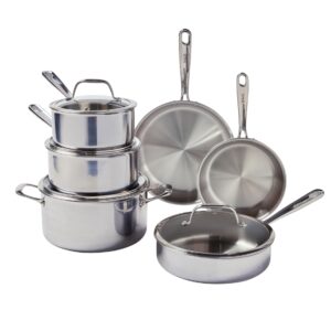 T-fal Pro Tri-Ply Stainless Steel Cookware Set 10 Piece, Induction Compatible Oven Safe 500F, Lids 350F, Fast & Even Heat, Professional Quality & Durability, Pots and Pans Set, Dishwasher Safe, Silver