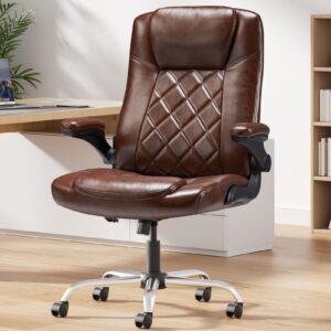 zzwhom wider office chair w/flip-up arms executive leather office chair w/lumbar support adjustable swivel home desk chair w/rocking function (brown)