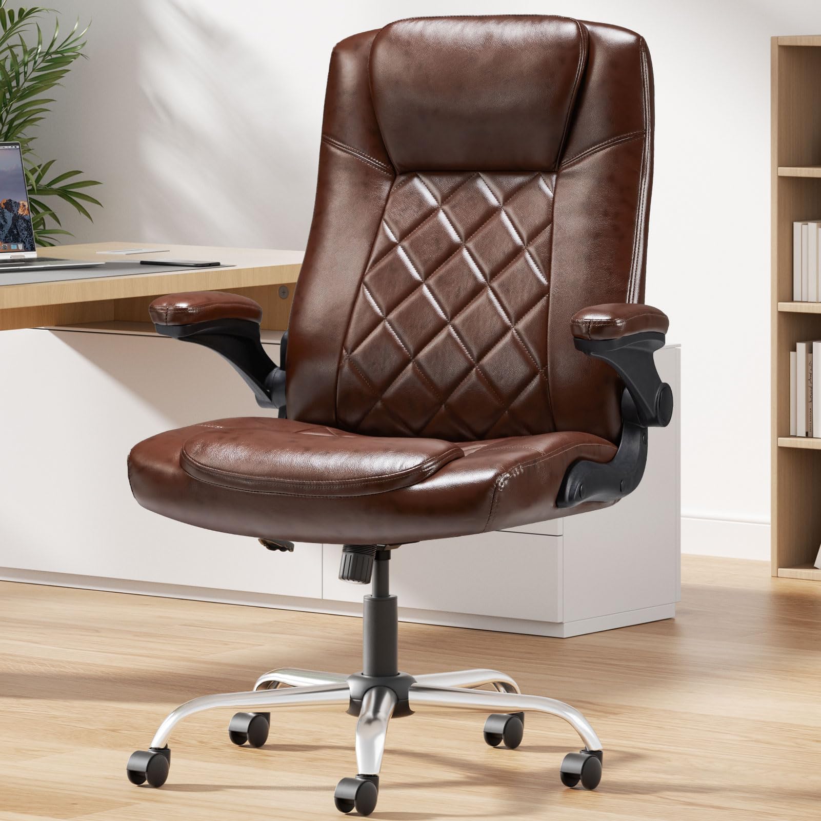 ZZWHOM Wider Office Chair w/Flip-Up Arms Executive Leather Office Chair w/Lumbar Support Adjustable Swivel Home Desk Chair w/Rocking Function (Brown)