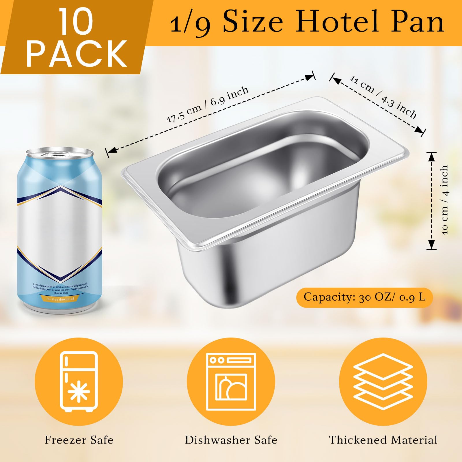 Thenshop 10 Pcs 1/9 Size 4 Inch Deep Hotel Pan Stainless Steel Steam Table Pan Commercial Metal Food Catering Tray for Hotel, Restaurant, Buffet, 0.8 mm Thick, 6.9 L x 4.3 W (European Style)