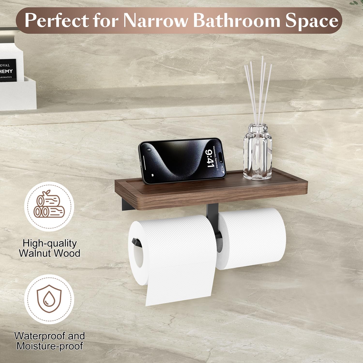 Walnut Toilet Paper Shelves for Bathroom, Jusmoo Double Toilet Paper Holder with Shelf, Bathroom Tissue Wood Holder with Shelf, Screw Wall Mount Bathroom Storage Dispenser