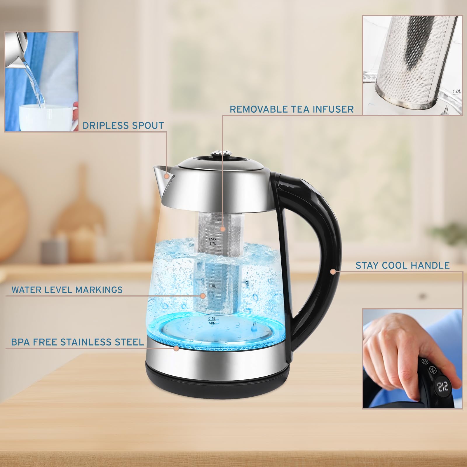 NELO Electric Kettle with Removable Tea Infuser, 7 Temperature Presets, Digital Display, LED Indicator Lights, Glass Tea Kettle & Hot Water Boiler, 360° Base, BPA-Free, Stainless Steel, 1.7 Liters