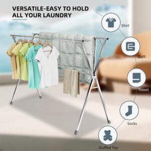 Unkqan Clothes Drying Rack,Heavy Duty Stainless Steel Garment Rack,Adjustable and Foldable Laundry Drying Rack for Indoor Outdoor Drying Rack Clothing with 20 Windproof Hooks (Silver, 79")