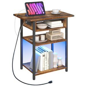 hoobro narrow led end table with charging station, small side table outlets, nightstand with usb c port, skinny couch table, for living room, bedroom, bedside, rustic brown and black bf130udbz01