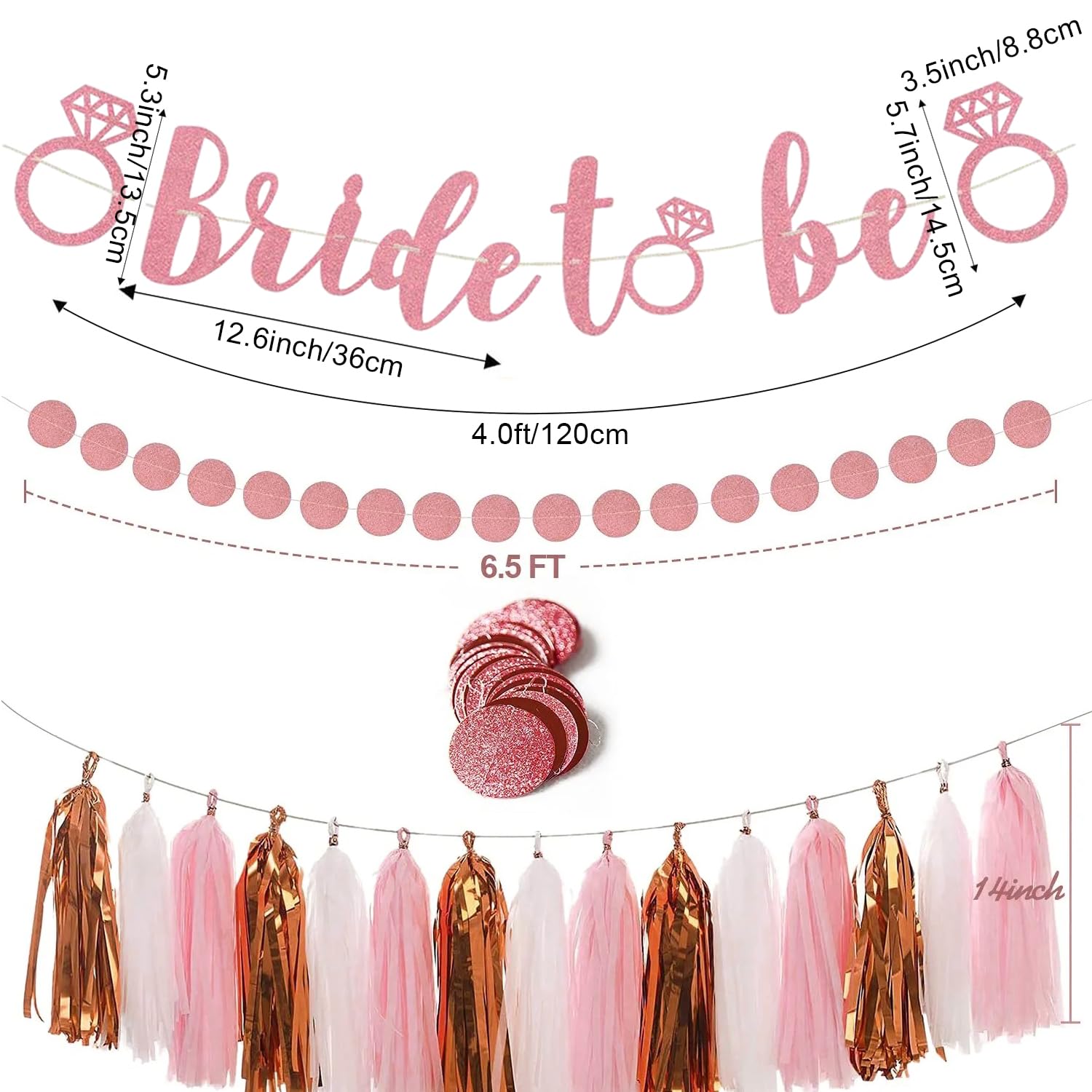 Toylin Bachelorette Party Decorations, Bridal Shower Decorations, Rose Gold Glittery Bride to Be banner, Tissue Paper Pom, Circle Dots Garland and Tassel Garland for Birthday Party Decorations